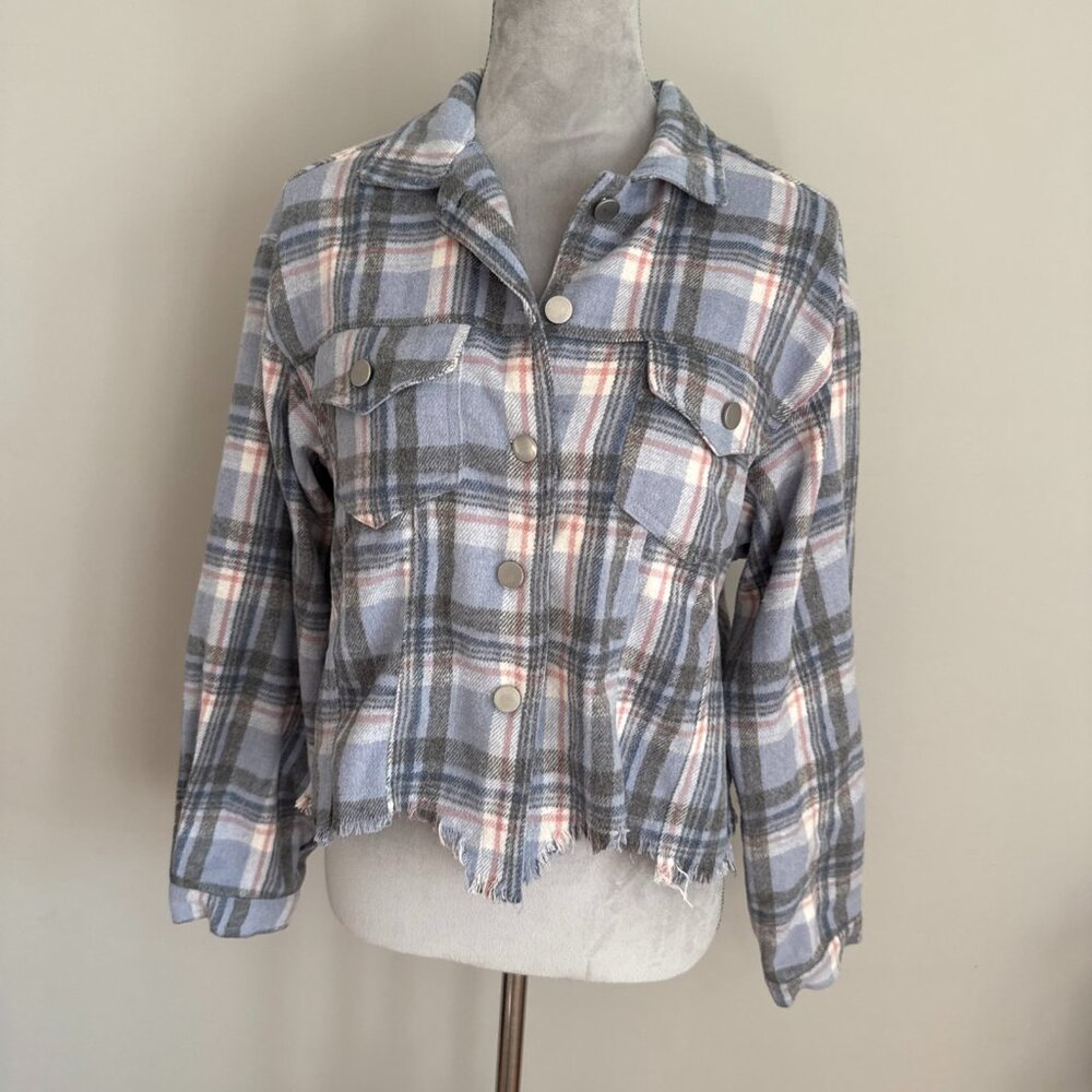 Altar'd State Women’s Soft Blue Plaid Flannel Cutoff Shacket Size XS